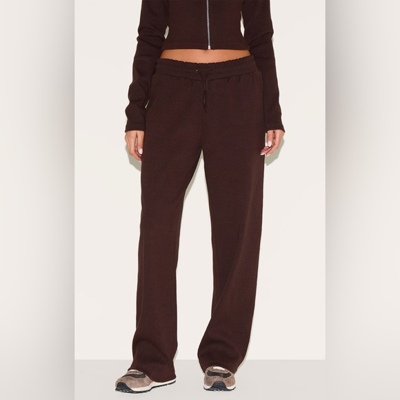 Pretty Little Things DARK BROWN RIBBED WIDE LEG PANTS - Picture 1 of 6